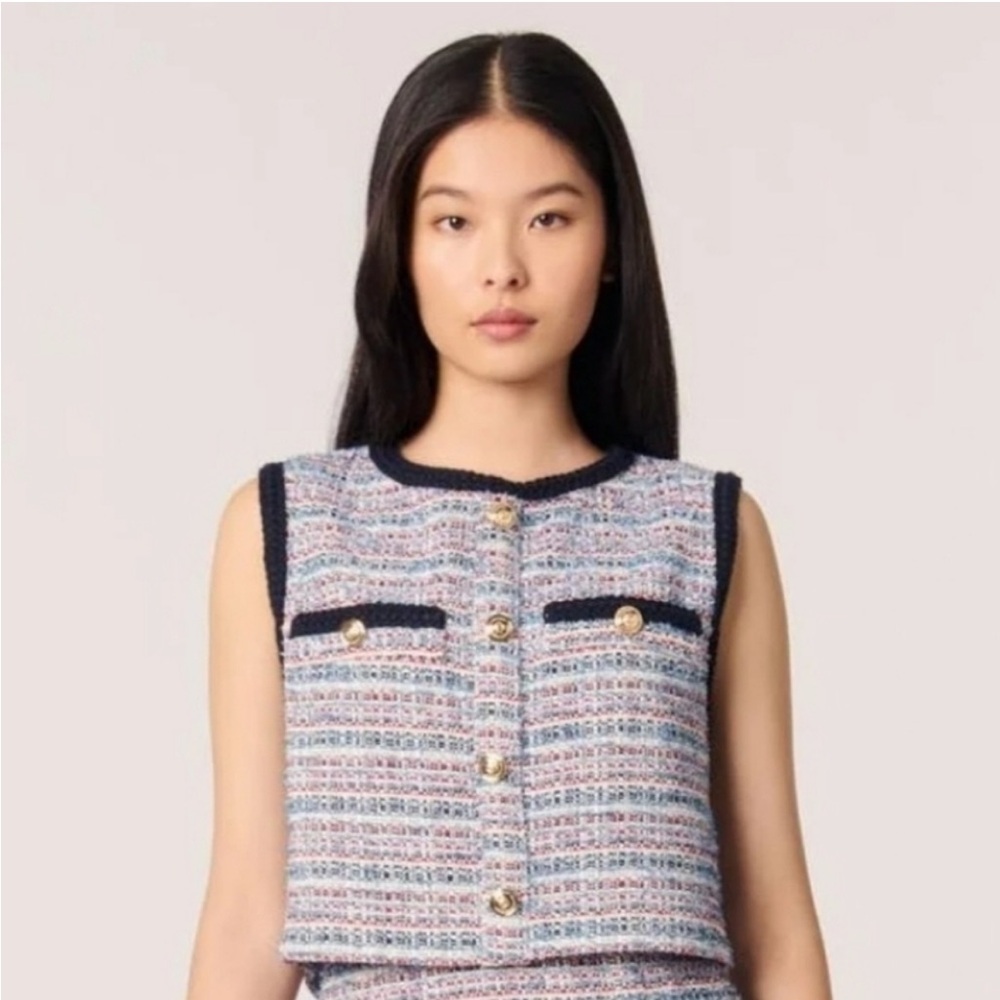 Maje Tweed Crop Top with Gold Buttons
